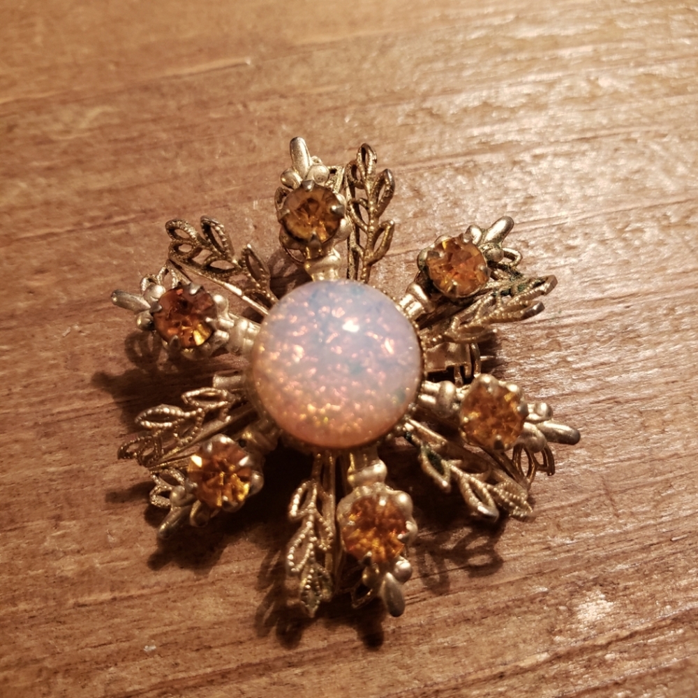 Vintage Gold Tone Snowflake Brooch with Faux Opal